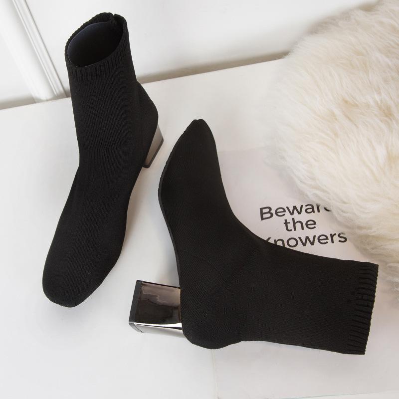 Boots Women 2024 Autumn and Winter Women's Shoes Versatile Elastic Short Boots Women Thick Heel Pointed Internet Celebrity Fly Knitting Boots Women