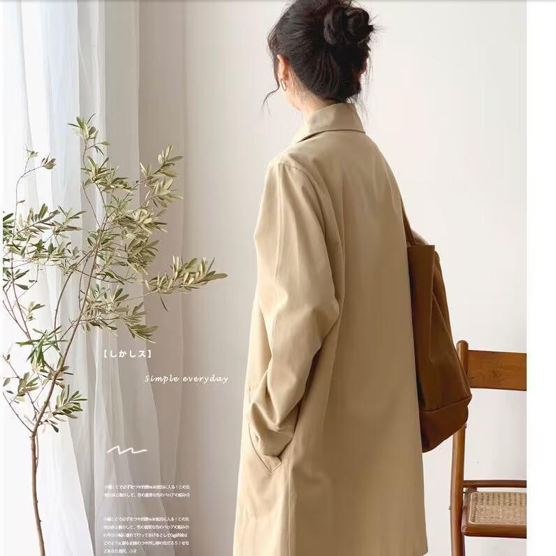 Women's Mid-Length Trench Coat, Spring/Autumn, Korean Style, Loose Fit, Solid Color, Versatile Outerwear, Trendy and Simple Design.