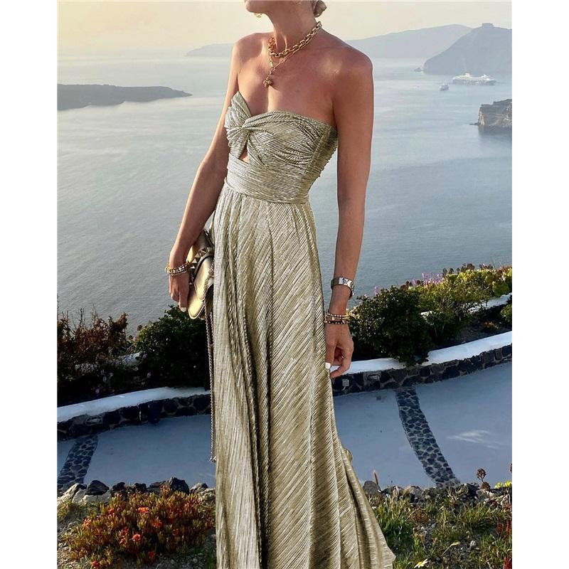 Ladies Summer New Sexy Chest Wrapped Bronzing Party Dress Solid Color Elegant Casual Big Swing Decoration Design Long Skirt