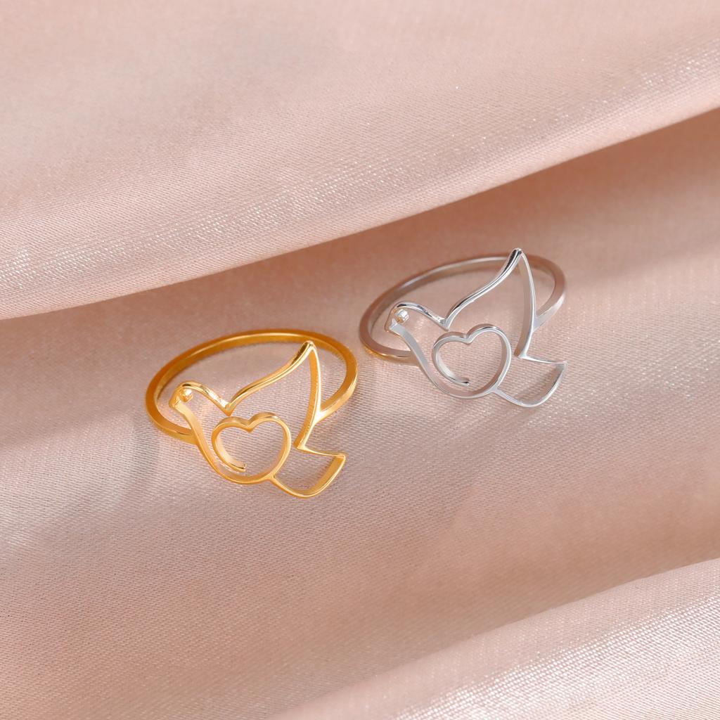 Heart Dove Bird Ring Stainless Steel Gold Finger Rings Women Cute Animal Jewelry Birthday Gift