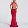 European-American Elegant Halterneck Pleated Slim Gown - Sexy Backless Long Dress