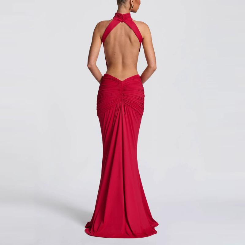 European-American Elegant Halterneck Pleated Slim Gown - Sexy Backless Long Dress