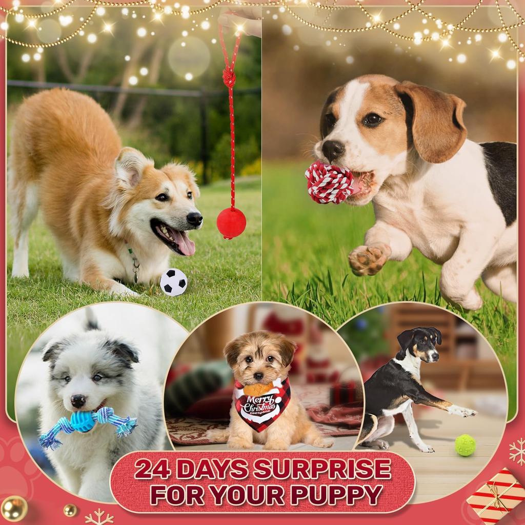 Hund Adventskalender 2025, Jul Hundleksaker Tugrep Pipiga Bollar Bitringar Halsband Bandana, 24 Set Jul Nedräkningskalender Gåva till Hund