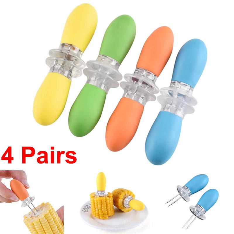 4 Pairs Corn Holders BBQ Grill Rotating Handles - Non-Slip Soft Grip & Stainless Steel Prongs, BBQ Prongs for Corn Hot Dog