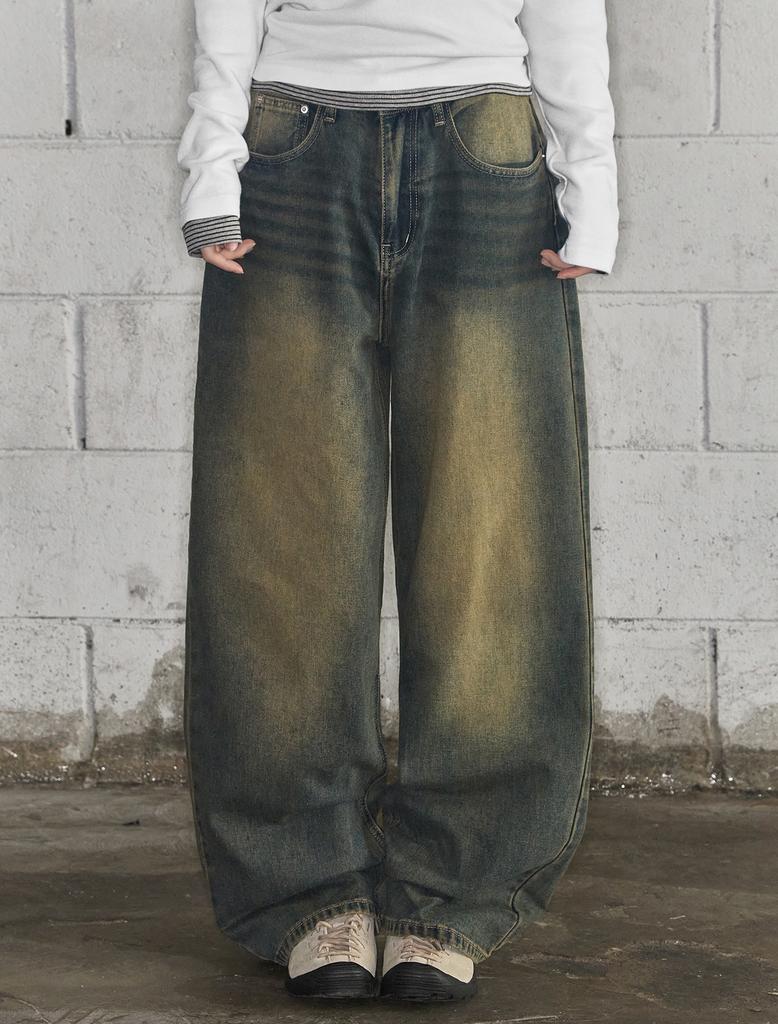 Lupeu Common Back Pocket Washed Basic Wide Long Pants Denim Vintage Jeans