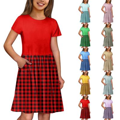 Robe d'été pour fille Couleur & Imprimé Robe sans manches avec poche Robe décontractée Manches courtes Robe de soirée