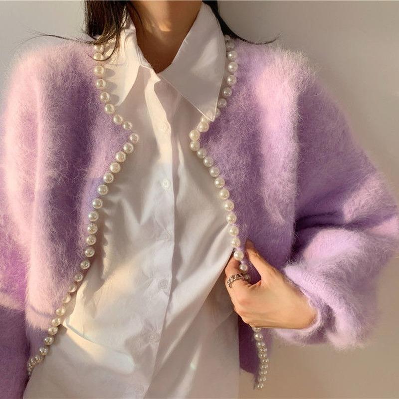 2022 Ladies Pearl Knit Lantern Sleeves Imitation Mink Fleece Sweater Cardigan Jacket Women