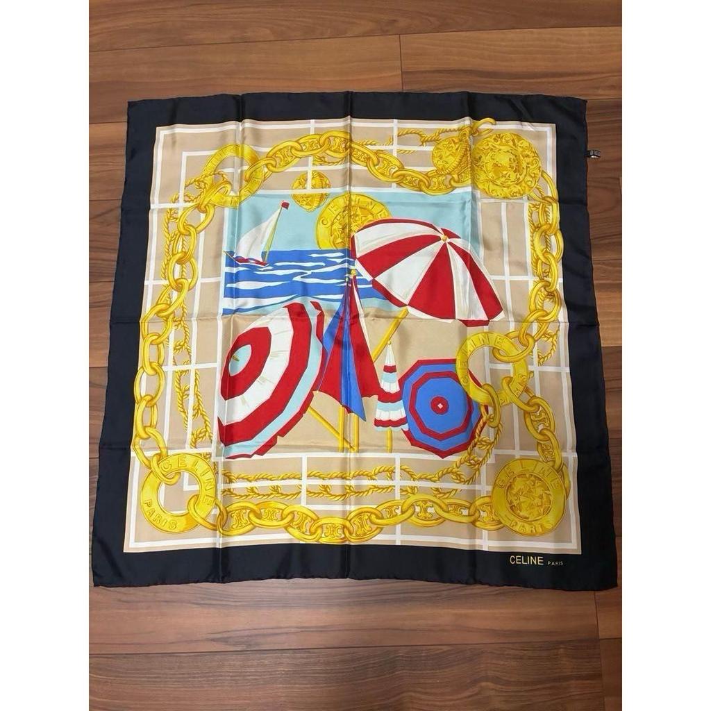 Used CELINE Large Scarf, Marine Pattern, Chain Pattern, Silk