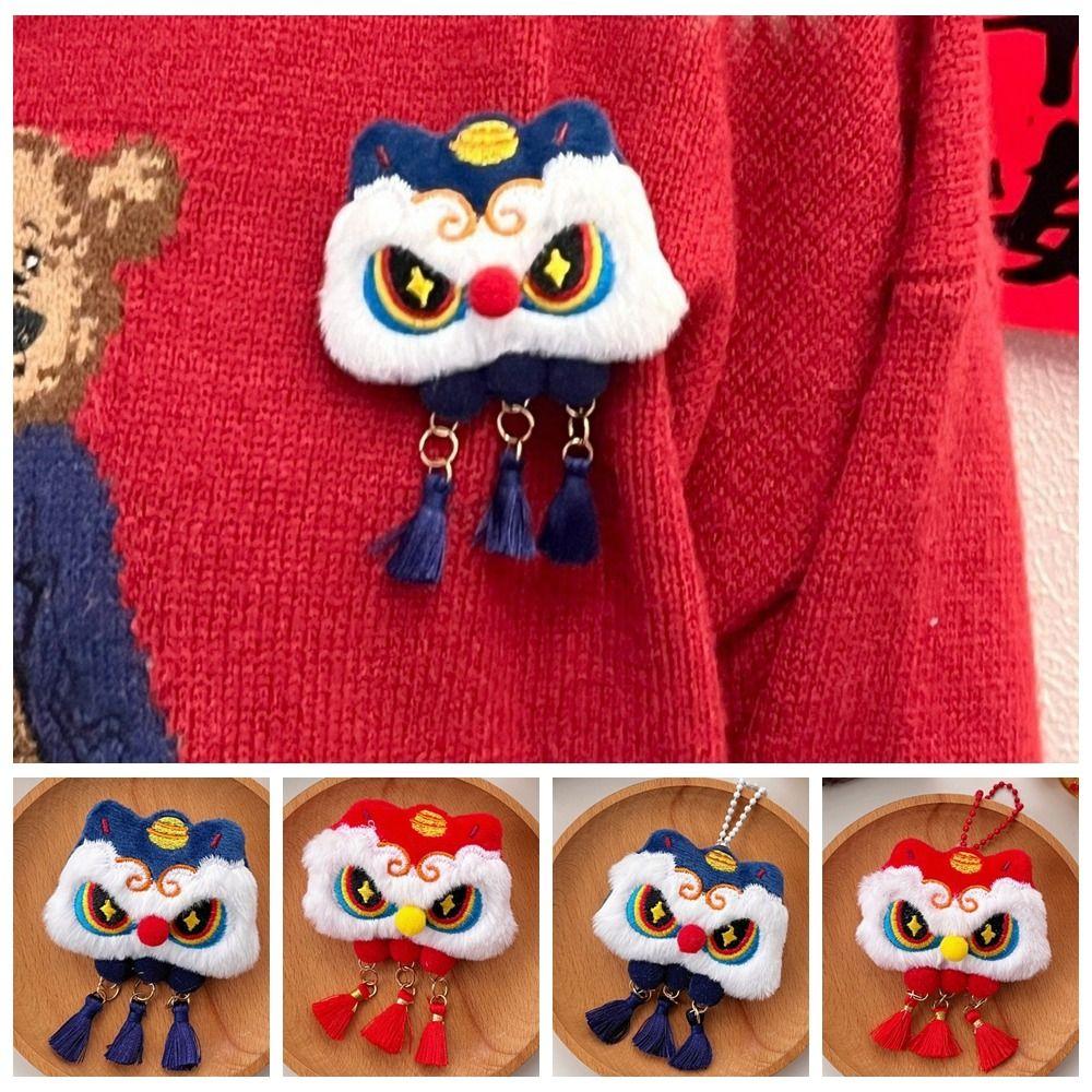 Lion Awakening Chinese New Year Plush Keychain Tassel Lion Dance Brooch Cute New Year Badge  Unisex