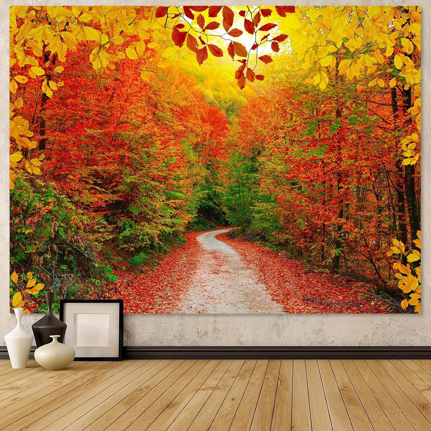 Großer Herbst Herbstlaub Waldweg Wandteppich Wanddekoration Polyester Leinwanddruck Landschaftskunst für Heimdekoration 100X70CM red