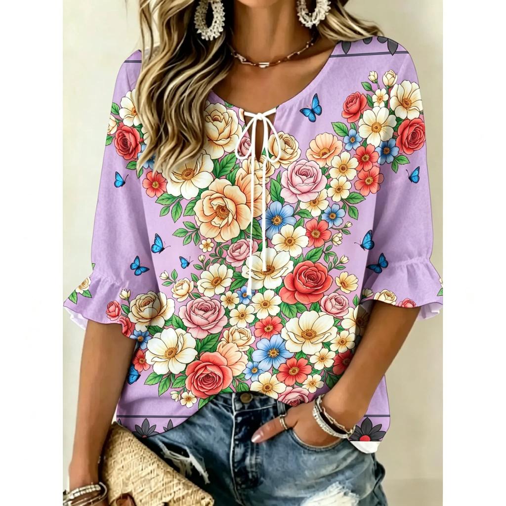 Women Floral Butterfly Print V Neck Tie 3/4 Ruffle Sleeve Blouse, Top for Holiday, Party and Daily Wear