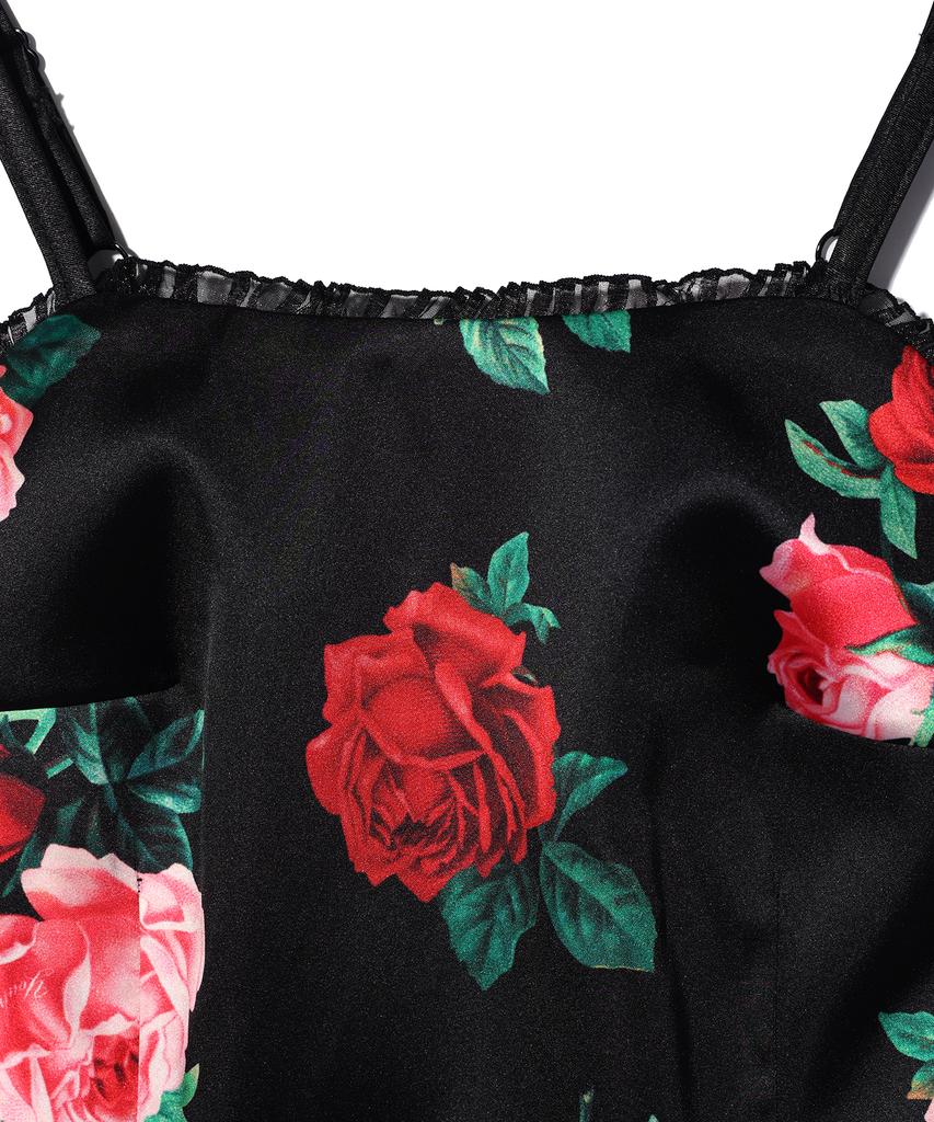 YOUHEE Satin Flower Pattern Dress Black