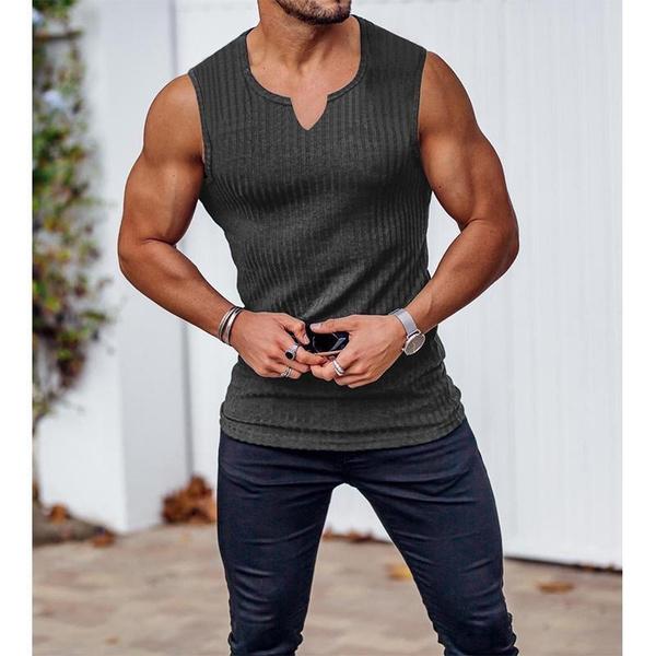 New Men Summer Tank Top Solid Color Sleeveless Vest Tops Gym Fitness Workout Clothes V-Neck Athletic Shirt Muscle Training Bodybuilding Tank Tops