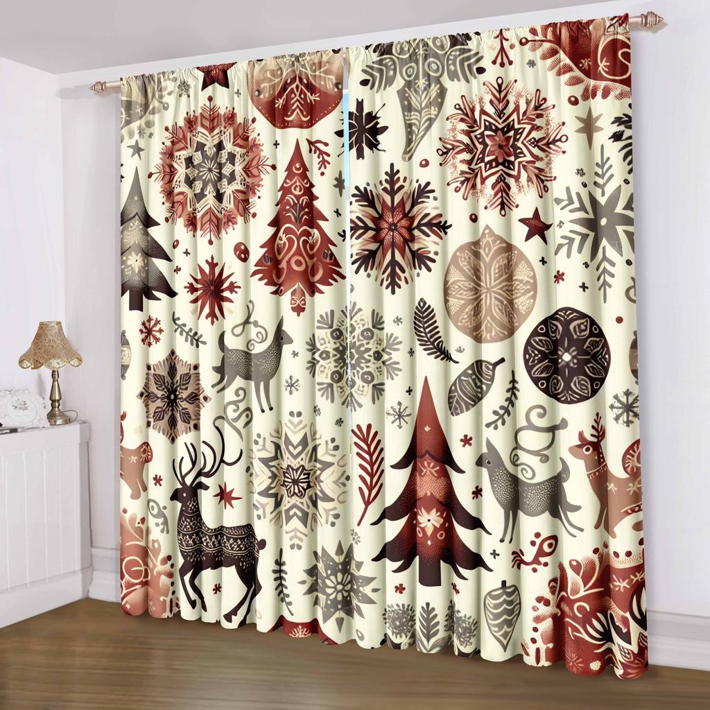 2pcs Set Christmas Reindeer & Santa Claus 3D Printed Curtains Rod Pocket Privacy Drapes for Bedroom Living Room Kitchen Office