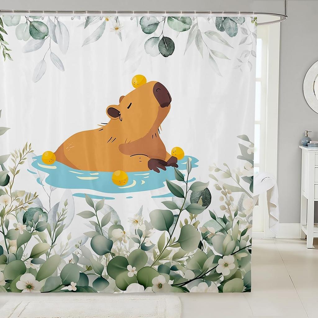 Erosebridal Cute Dachshund Waterproof Bathroom Curtain for Kids Child Green Eucalyptus Bath Curtain, Pet Animal Shower Curtain