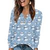 Women's Fashion V-Neck Button-Up T-Shirt With Christmas Print Long-Sleeved Top