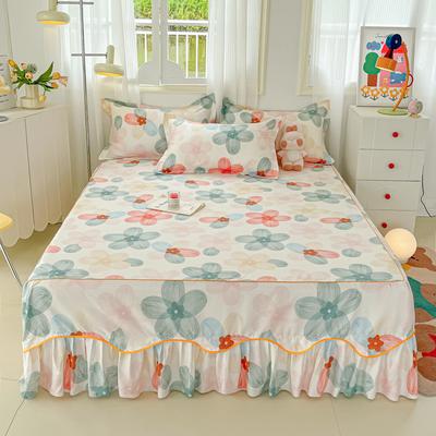 Conjunto de saia de cama com padrão floral aquarela, colcha luxuosa com babados e fronhas, conjunto de cama macio e agradável à pele