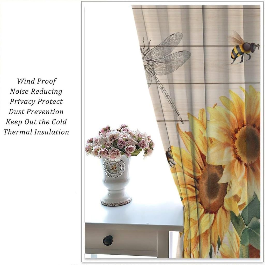 Farmhouse Sunflower Curtains Country Vintage Floral Wooden Board Art Printed Window Drapes Bedroom Kitchen Decor Room Darkening Polyester Master