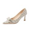 Sheepskin rhinestone bow high heels women's pointed head stiletto bridesmaid wedding dress bride wedding shoes single shoes