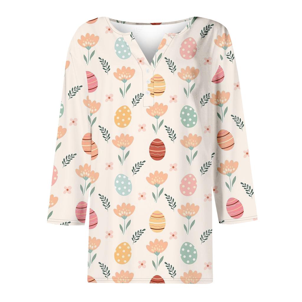 Women's Fashion Casual Seven Minute Sleeve Popover Easter Print Pullover Top