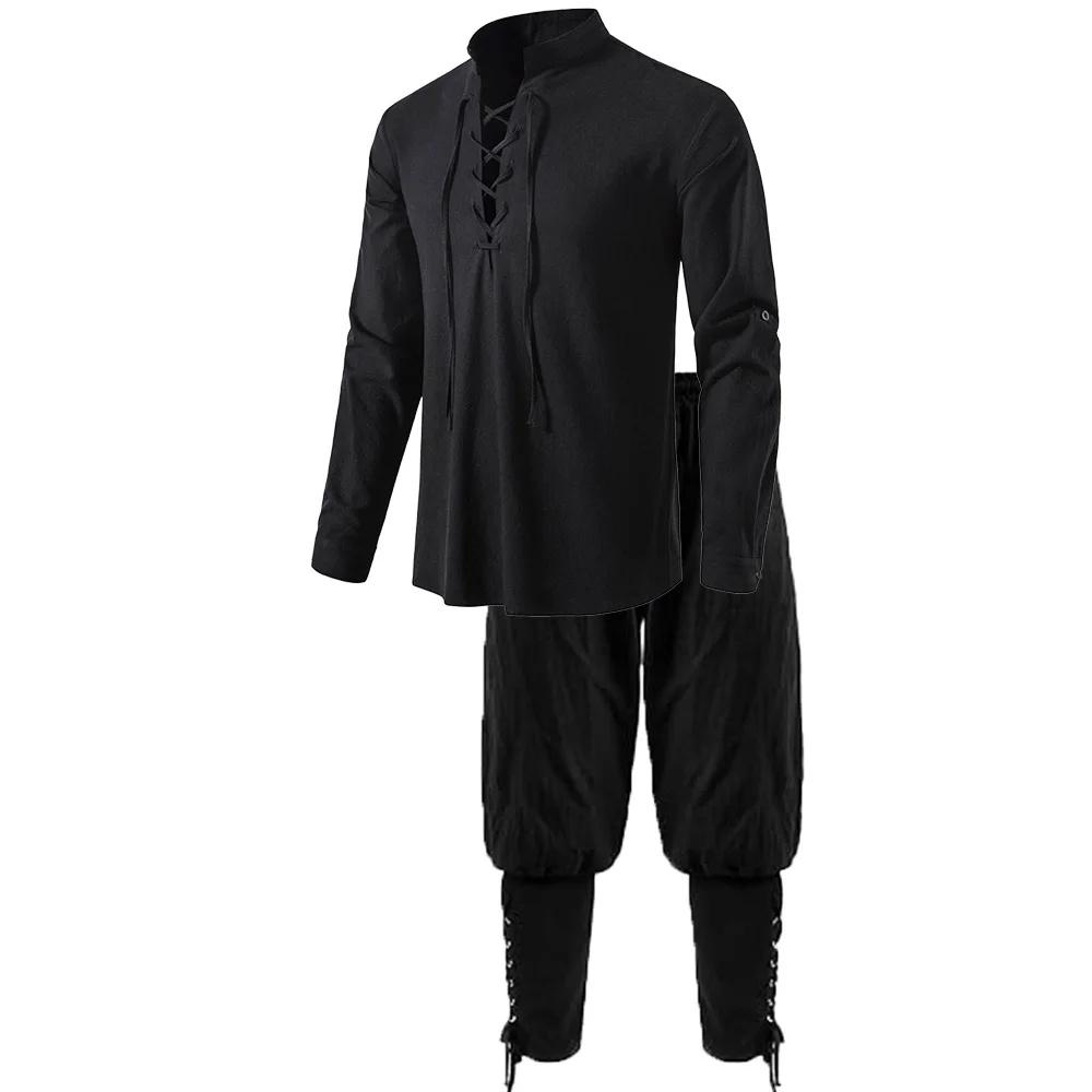 2 pezzi Set costume da cavaliere medievale da uomo Rinascimento Cosplay Pirata Camicie con cavigliera Pantaloni per Halloween Cotone Lino
