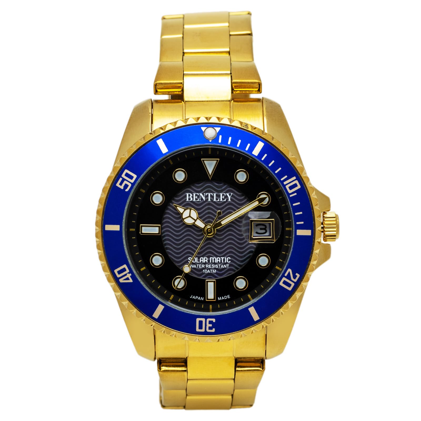 

CREPHA Analog Waterproof Watch with Metal Bentley Gold Men s Solar-Powered Band, (BT-AM389-BLG)