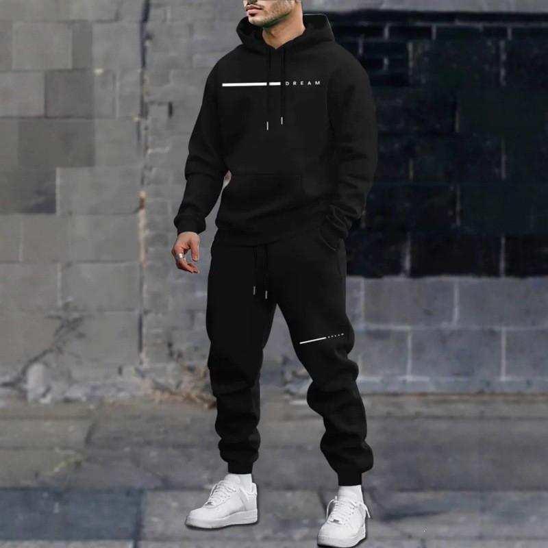 Mens Oversized Hooded Sweatshirt Set With Letter Print Fleece-Lined Warm Casual Tracksuit Winter