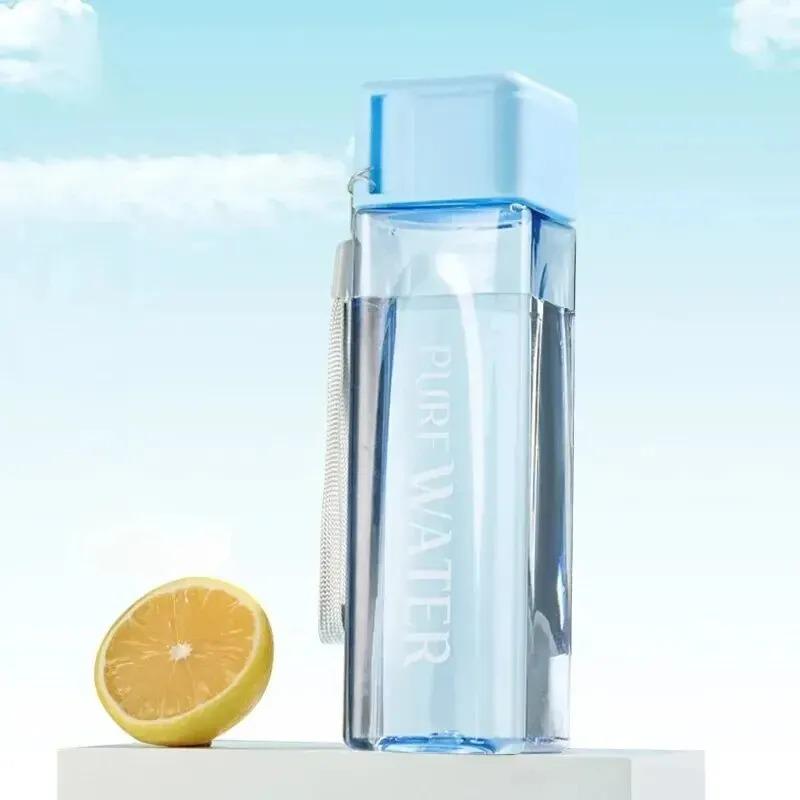 1pcs 500ml Square Sports Water Bottle Leakproof  Portable with  Strap for  Outdoor  Gym Hiking Travel Coffee Juice Plastic Cup