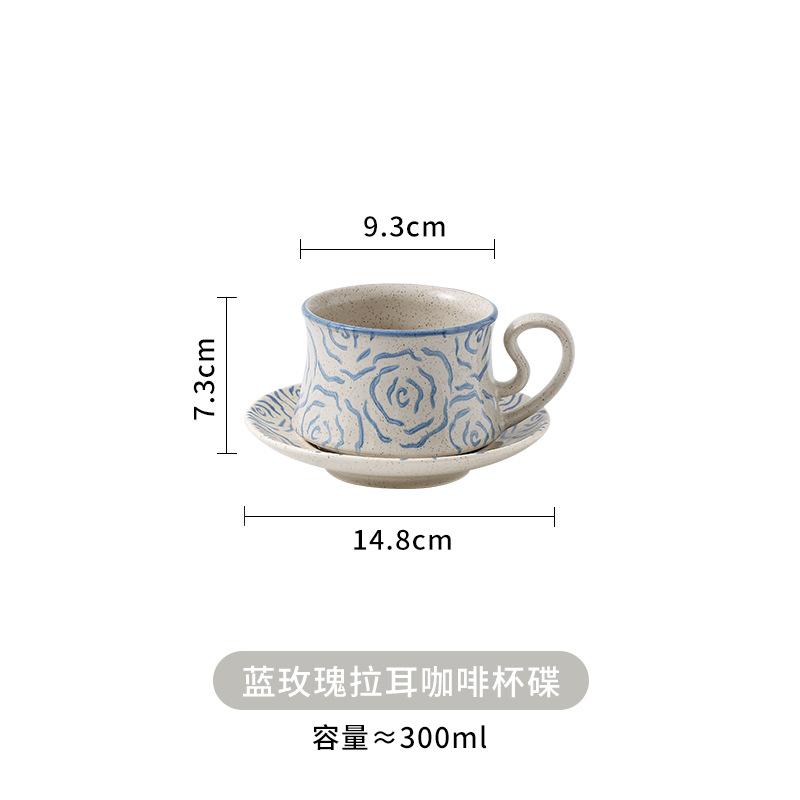 

Hand Drawn Rose Ceramic Coffee Cups and Plates Afternoon Tea Cup Vintage Water Cup Breakfast Cups Dessert Plate Milk Mug 201-300ml синій
