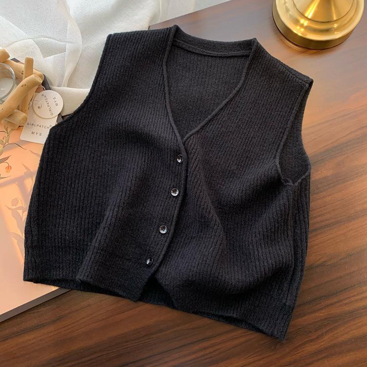 

Осень 2025 Корейский стиль V-образный вырез Свободный крой Без рукавов Жилет-кардиган One Size