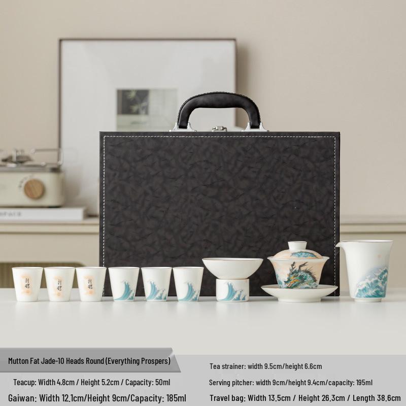 Jade Sheep Fat Porcelain Tea Set: Gaiwan, Gong Dao Bei, Teacup, Teapot.