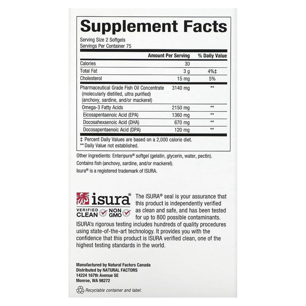 Natural Factors, RxOmega-3 Ultra Strength, 2150 mg, 150 kapsułek miękkich (1,075 mg na kapsułkę miękką)