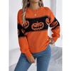 Autumn and Winter Women's Halloween Theme Pumpkin Head Clashing Colours Knitted Long Sleeve Pullover Sweater