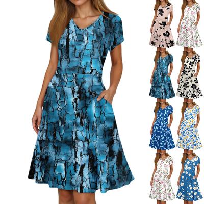 Ladies Summer Fashion Casual Floral Print V-Neck Short Sleeve Pocket Dress