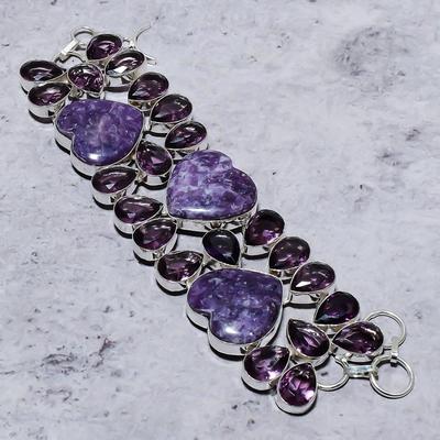 Natural Lepidolite Stone,Amethyst Stone 925 Sterling Silver Bracelet 7-8" F8w19