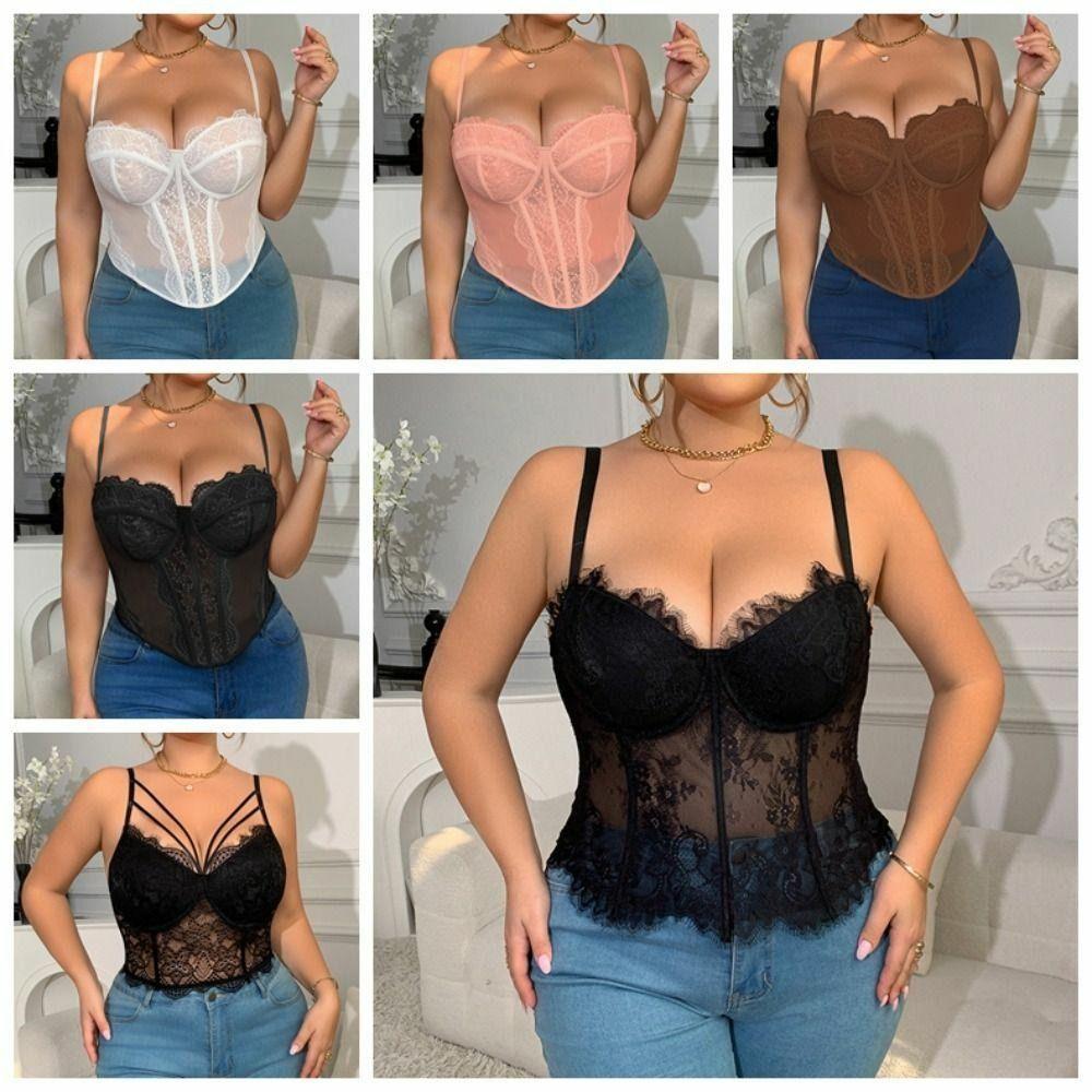 1XL-4XL Big Size Lace Corset Hollow Suspender Vest Elegant Simple Lace Crop Tops Spring Summer
