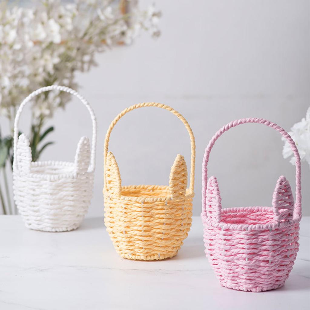 Easter Cute Rabbit Ears Basket Multi-Purpose Creative Storage Bin Cartoon Woven Ear Decorative Basket Sundries Organizer