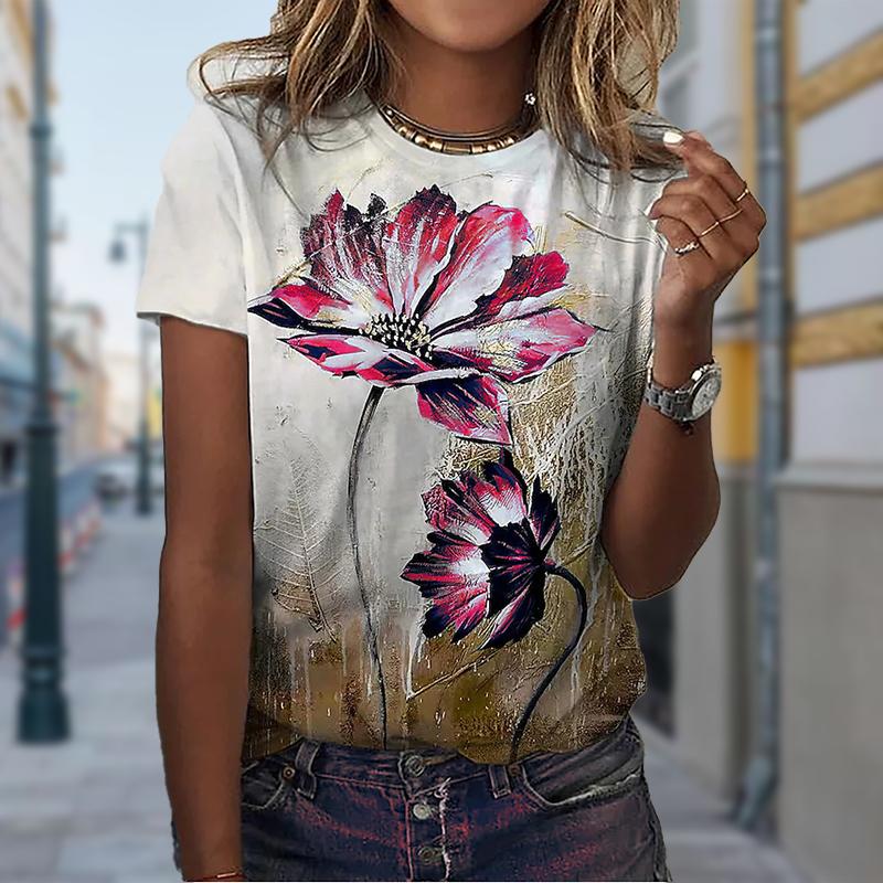 Women Summer T Shirt Trend Lotus Print Retro Fashion Short Sleeve Tees Casual   Printed  Tops