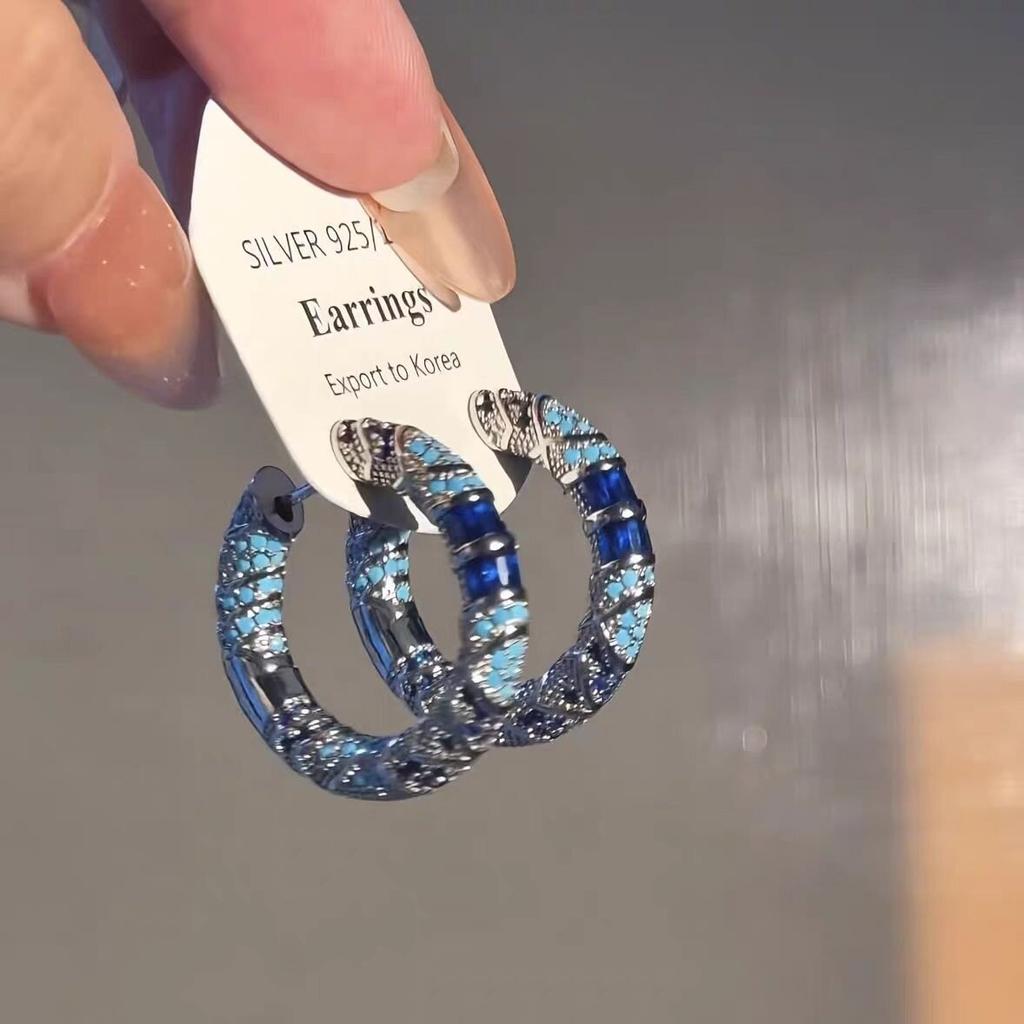 2026 New Arrival Luxury Elegant Bohemian Blue Zircon Enamel Hoop Earrings for Women Fashion Simple Geometry Party Jewelry Gifts