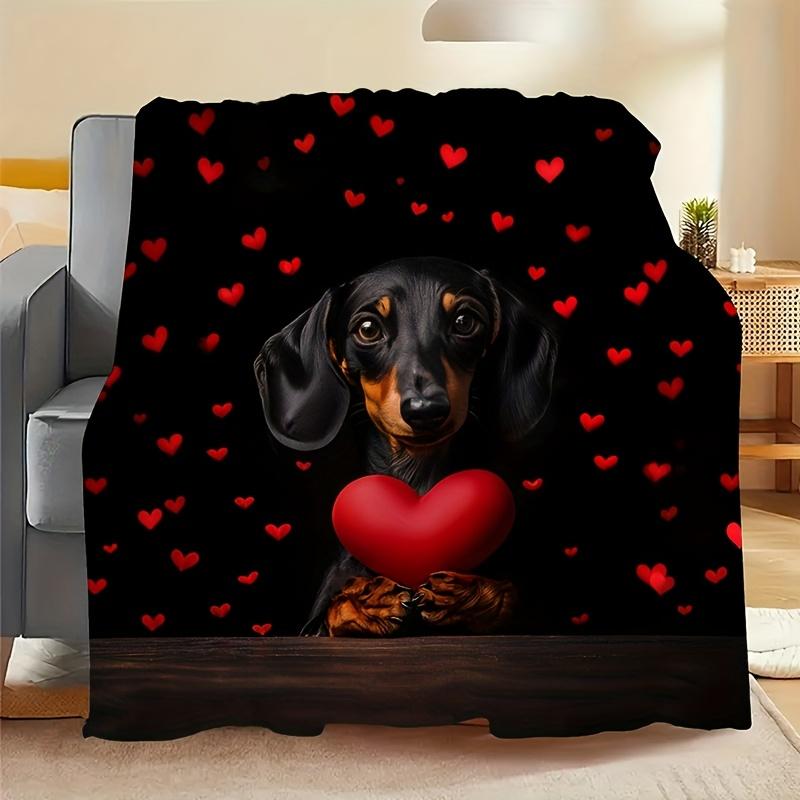 Vintage Dachshund Flannel Blanket - Heart Print Throw, Soft All-Season Gift for Dog Lovers, Playful Home/Office Decor
