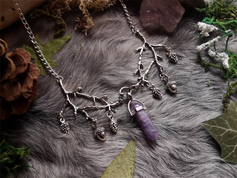 

Gothic Retro Silver Color Tree Branch Pinecone Irregular White Crystal Tassel Pendant for Women Halloween Forest Witch Jewelry