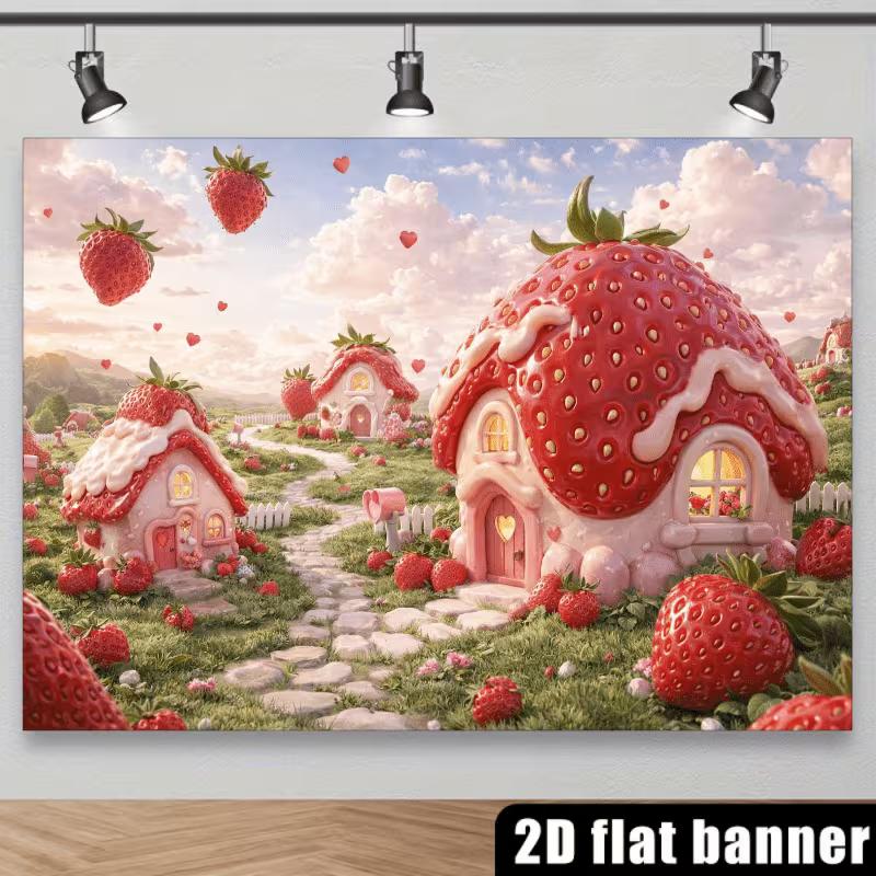 2D Whimsical Strawberry Houses & Hearts Photography Background