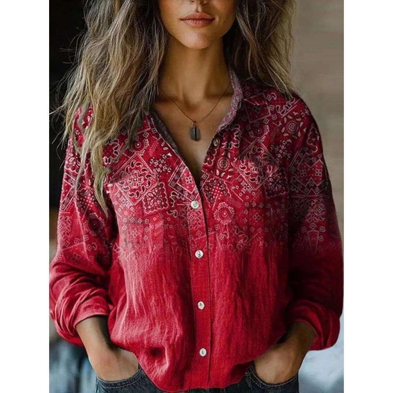Women's Spring and Summer New Retro Printing Long-sleeved Casual Shirt Imitation Cotton and Linen Shirt