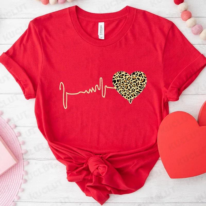 Fashion Unisex Tshirts Leopard Love Heart Print Tops Short Sleeve Clothing Ladies Harajuku Valentines Day Female Clothing