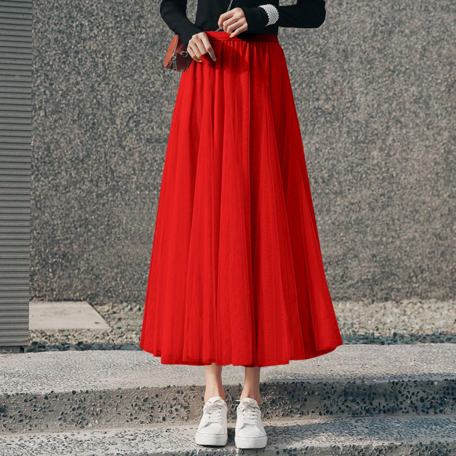 

Длинная тюлевая однотонная элегантная юбка с блестками и блестками, многослойная сетчатая юбка чайной длины с большим подолом для женщин XL красный