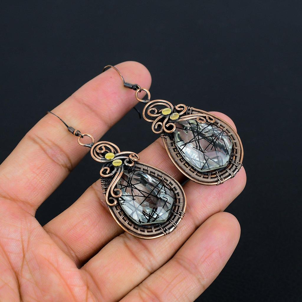 Black Rutile Jewelry, 999 Copper Wire Wrapped Gemstone Earrings, Handmade Earrings, For Memorial Day