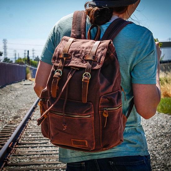 Canvas Backpack for Men Leather Rucksack Knapsack  Laptop Tote Satchel School Military Army Shoulder Rucksack Hiking Bag Coffee