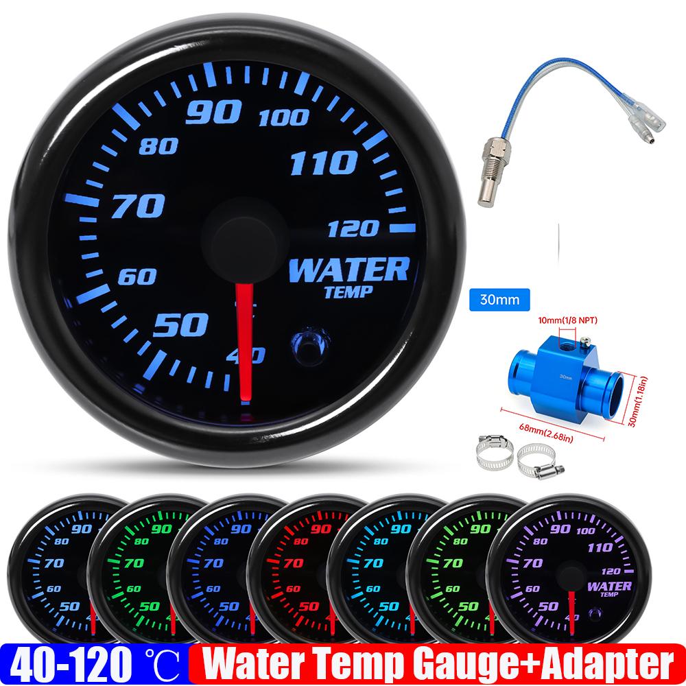 Smoked Face 7 Color Light 52mm Water Temperature Gauge with Temp Joint Pipe Sensor 26-40mm Hose Adapter for Gasoline Car 12V