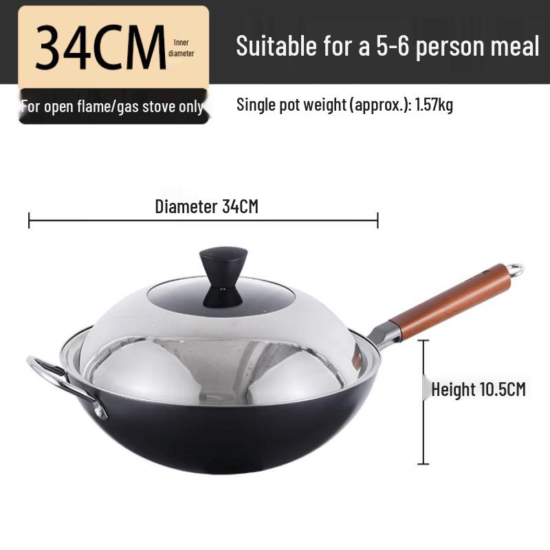ZISIZ Cast Iron Round Bottom Wok with Lid