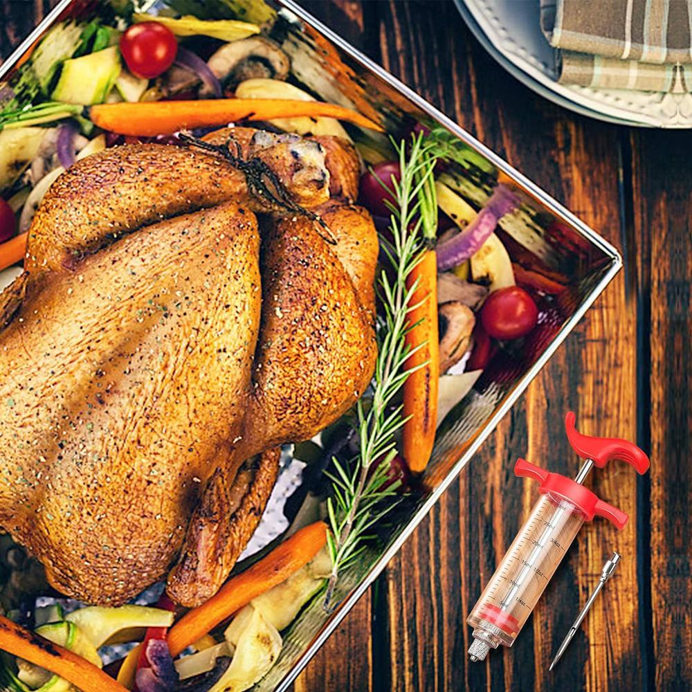 Köttinjektorspruta - 3 Marinadinjektornålar, 1 oz Köttinjektorspruta med Rengöringsborste, Lätt att Använda & Rengöra